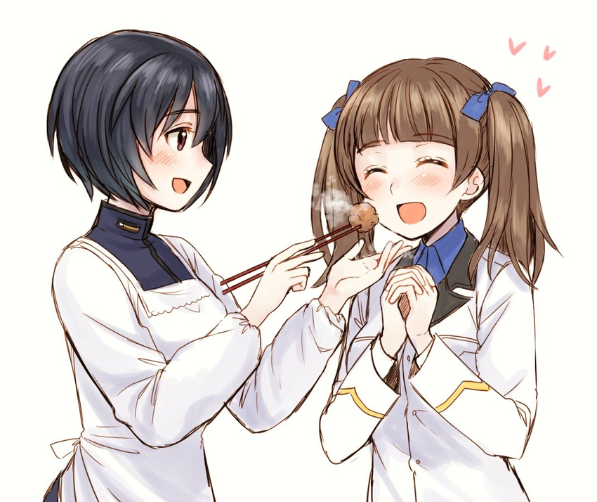 :d ^_^ black_hair blush bob_cut brave_witches brown_eyes brown_hair chopsticks closed_eyes commentary_request feeding fried_chicken georgette_lemare hair_ribbon hands_clasped heart kappougi long_hair military military_uniform multiple_girls open_mouth own_hands_together profile ribbon shimohara_sadako short_hair smile totonii_(totogoya) twintails uniform upper_body white_background world_witches_series