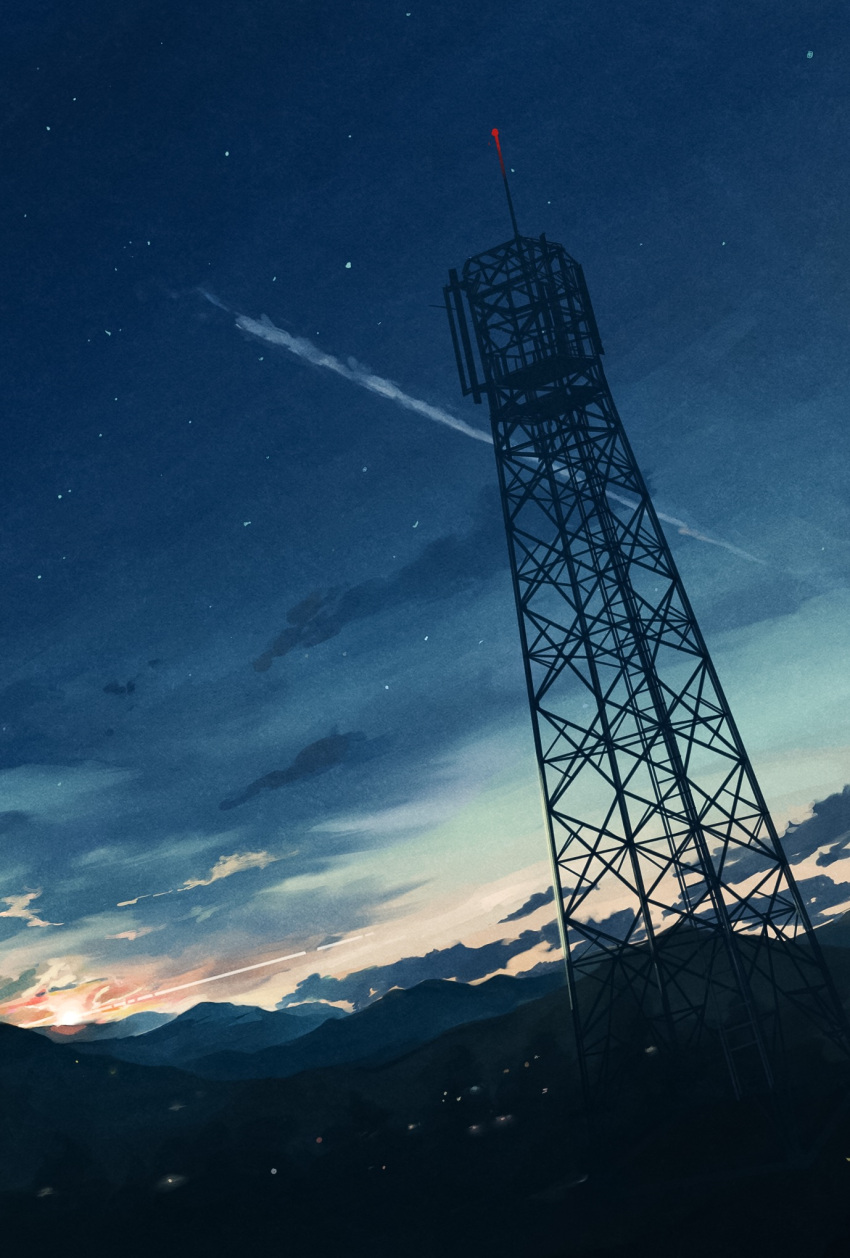 cloud commentary contrail dutch_angle highres landscape no_humans original orval radio_tower scenery sky star_(sky) sunset