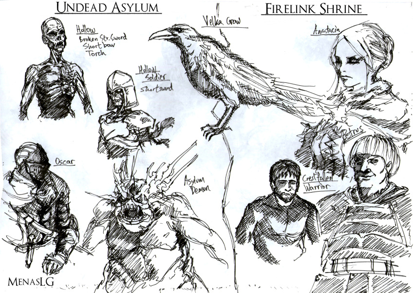 1girl 3boys anastacia_of_astora armor asylum_demon bird bowl_cut closed_eyes crestfallen_warrior crow dark_souls_(series) dark_souls_i greyscale helm helmet highres knight knight_of_astora_oscar menaslg monochrome multiple_boys petrus_of_thorolund short_hair sketch smirk