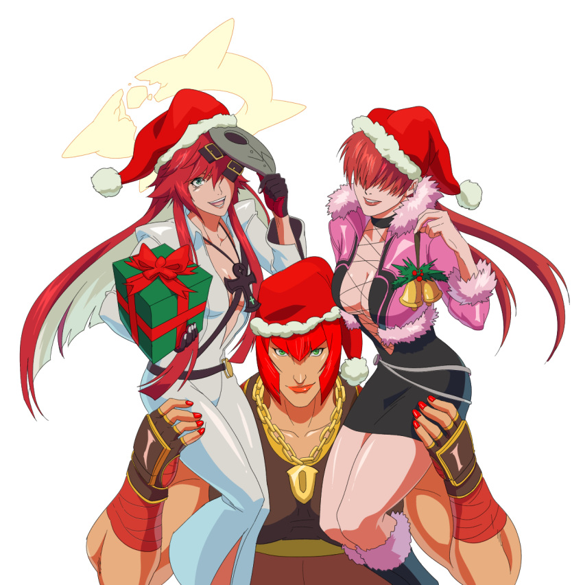ankh_necklace ashensol bell box breasts christmas cleavage colored_inner_hair crossover gift gift_box green_eyes guilty_gear guilty_gear_strive hair_over_eyes hat highres jack-o'_valentine jewelry marisa_(street_fighter) mask multicolored_hair multiple_crossover necklace red_hair santa_hat shermie_(kof) short_hair sitting_on_shoulder street_fighter street_fighter_6 the_king_of_fighters the_king_of_fighters_xv trait_connection unworn_mask