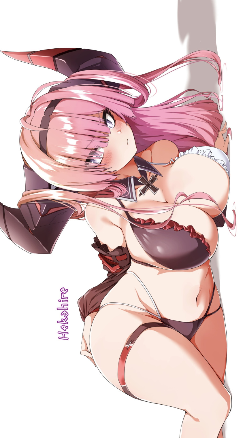 1girl absurdres azur_lane bikini black_bikini black_hairband blunt_bangs blush breasts bright_pupils commentary_request cross detached_collar detached_sleeves embarrassed frilled_bikini frills groin hair_over_eyes hairband hekahire_isurus highres horns huge_horns iron_cross large_breasts long_horns looking_at_viewer midriff multi-strapped_bikini_bottom navel pink_hair prinz_rupprecht_(azur_lane) purple_eyes solo swimsuit thigh_strap two-tone_bikini white_bikini white_pupils