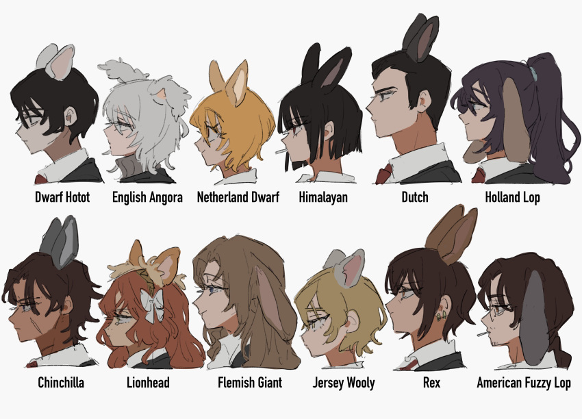 6+boys 6+girls absurdres animal_ears black_hair blonde_hair brown_hair don_quixote_(project_moon) faust_(project_moon) gregor_(project_moon) heathcliff_(project_moon) highres hong_lu_(project_moon) ishmael_(project_moon) limbus_company meisenlcb meursault_(project_moon) multiple_boys multiple_girls outis_(project_moon) project_moon rabbit_boy rabbit_ears rabbit_girl red_hair rodion_(project_moon) ryoshu_(project_moon) short_hair simple_background sinclair_(project_moon) upper_body white_background white_hair yi_sang_(project_moon)