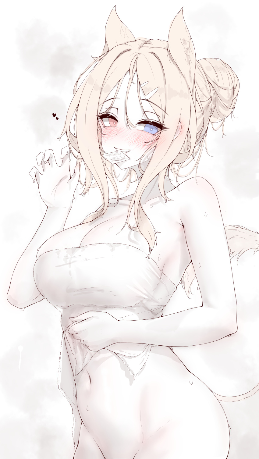 absurdres animal_ears archetto_(arknights) arknights bare_arms bare_shoulders blonde_hair blue_eyes blush bottomless breasts claw_pose cleavage collarbone condom condom_in_mouth cowboy_shot grin groin hair_bun heterochromia highres large_breasts lilac_(k32420276) lion_ears lion_girl lion_tail long_hair looking_at_viewer mouth_hold naked_towel navel parted_bangs red_eyes sidelocks simple_background sketch smile tail teeth_hold towel