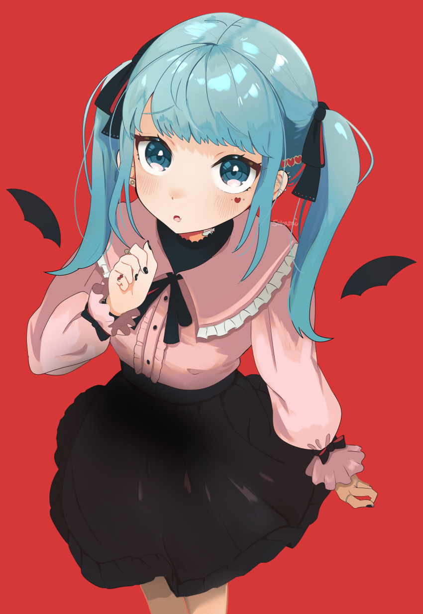 1girl absurdres bandage_on_neck bat_wings blue_eyes blue_hair blush center_frills commentary facial_mark frilled_shirt_collar frills from_above hair_ornament hair_ribbon hairclip hand_up hatsune_miku heart heart_facial_mark heart_hair_ornament highres jewelry long_hair long_sleeves looking_at_viewer mini_wings nail_polish neck_ribbon open_mouth red_background ribbon ring shirt_tucked_in skirt solo sorami twintails vampire_(vocaloid) vocaloid wings