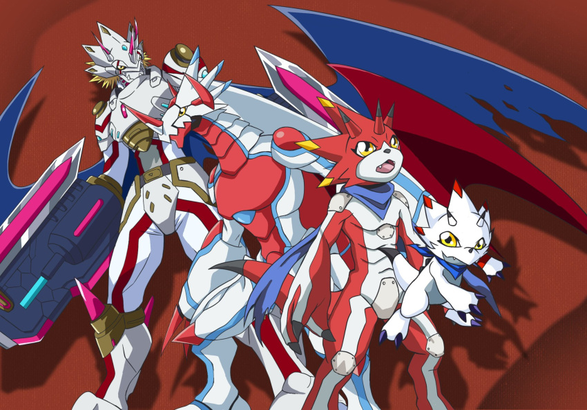 anthro bandai_namco betelgammamon blonde_hair canoweissmon digimon digimon_(species) digimon_ghost_game dragon evolutionary_family gammamon group hair hi_res horn humanoid jedigimon male red_body siriusmon white_body wings yellow_eyes