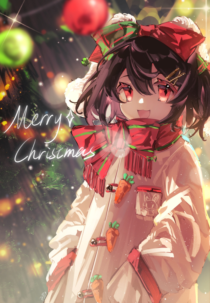 1girl animal_print black_eyes bow christmas_ornaments christmas_tree english_text hair_bow hair_ornament hairclip hand_in_pocket highres inaba_tewi jacket long_sleeves looking_at_viewer pink_jacket rabbit_print red_eyes red_scarf ringo_no_usagi_(artist) scarf scarf_bow short_hair solo touhou