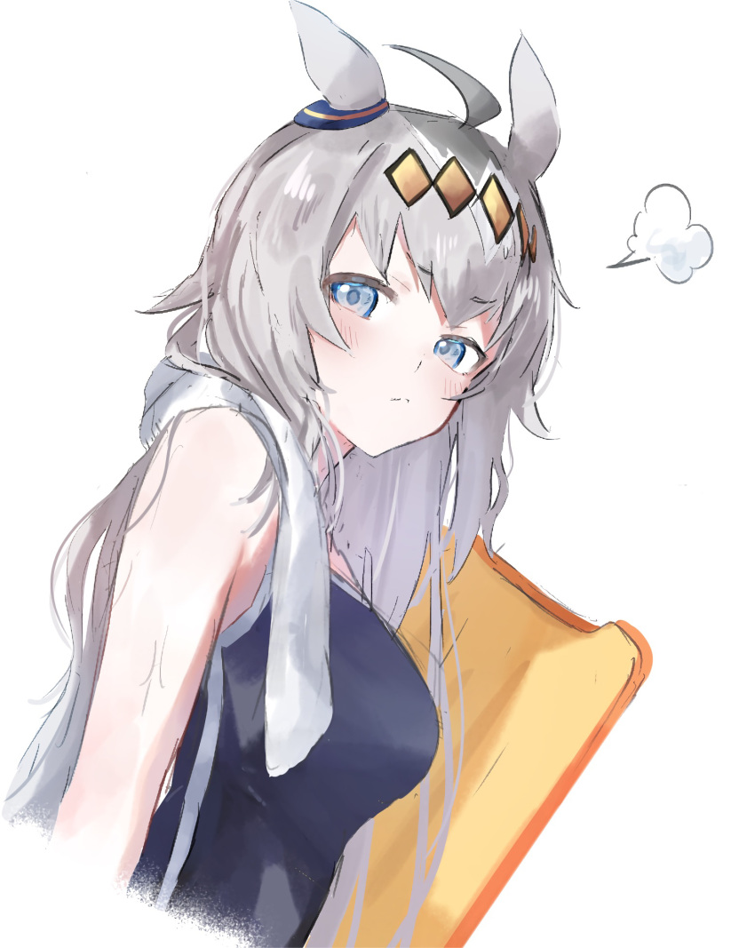 1girl ahoge animal_ears bare_arms bare_shoulders black_one-piece_swimsuit blue_eyes breasts cropped_torso from_side grey_hair ha_(hura76752775) highres horse_ears kickboard long_hair looking_at_viewer looking_to_the_side medium_breasts multicolored_hair oguri_cap_(umamusume) one-piece_swimsuit simple_background solo swimsuit towel towel_around_neck two-tone_hair umamusume upper_body very_long_hair white_background white_hair