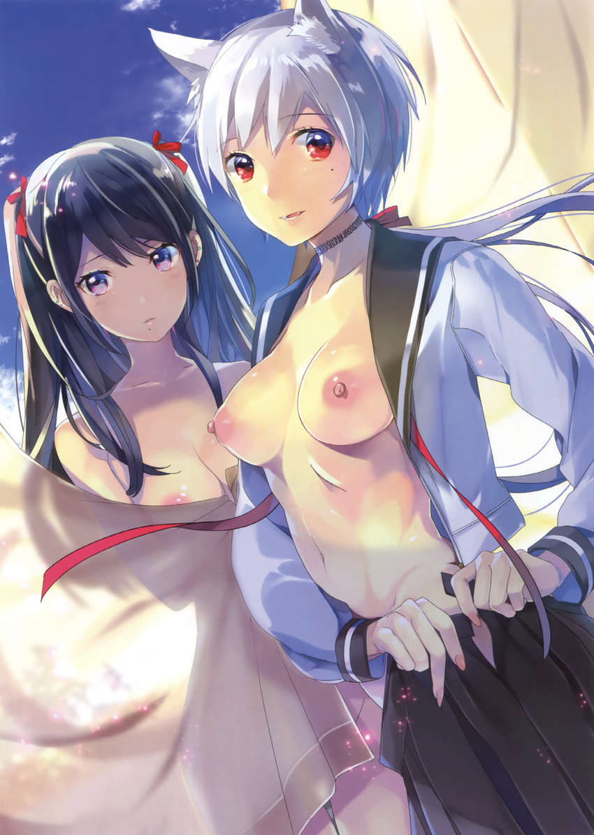 absurdres animal_ears black_hair black_skirt breasts choker cleavage collarbone curtain_grab curtains day dog_ears dutch_angle fangs grey_hair groin hair_ribbon highres light_smile long_hair looking_at_viewer medium_breasts mole mole_under_eye multiple_girls navel nipples no_bra open_clothes open_mouth open_shirt open_skirt original outdoors pleated_skirt ponytail purple_eyes red_eyes red_ribbon ribbon see-through_silhouette shirt skirt sparkle taira_tsukune topless toranoana twintails underwear undressing wet wet_clothes wet_shirt white_shirt