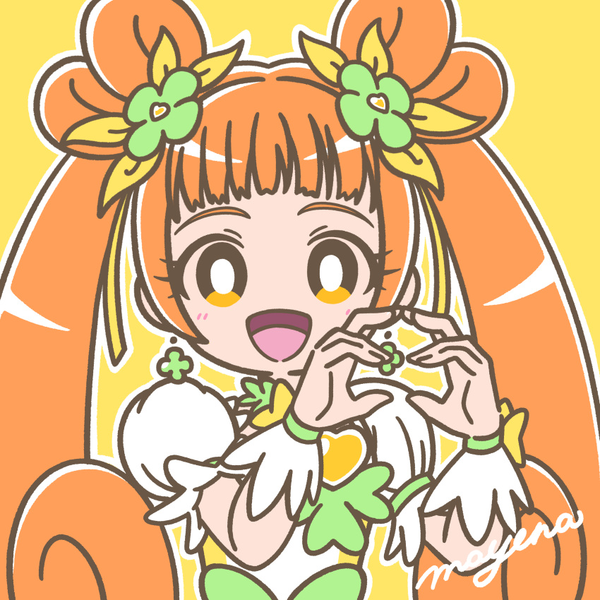 1girl absurdres blush bow bright_pupils brooch brown_hair choker clover_hands cure_rosetta dokidoki!_precure double_bun earrings flower four-leaf_clover_earrings green_choker hair_bun hair_flower hair_ornament heart heart_brooch highres jewelry long_hair looking_at_viewer magical_girl mayena open_mouth orange_eyes outline precure ribbon signature simple_background smile solo twintails upper_body waist_bow white_outline white_pupils wrist_cuffs yellow_background yotsuba_alice