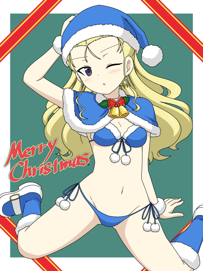 1girl :o assam_(girls_und_panzer) bell bikini blonde_hair blue_bikini blue_capelet blue_eyes blue_footwear blue_headwear boots breasts capelet christmas commentary english_text front-tie_bikini_top front-tie_top fur-trimmed_capelet fur_cuffs fur_trim girls_und_panzer girls_und_panzer_senshadou_daisakusen! groin hair_pulled_back hand_on_another's_head hat highres holly ichinose_jun long_hair looking_at_viewer merry_christmas neck_bell official_alternate_costume one_eye_closed parted_lips santa_bikini santa_boots santa_hat side-tie_bikini_bottom sitting small_breasts solo swimsuit wariza