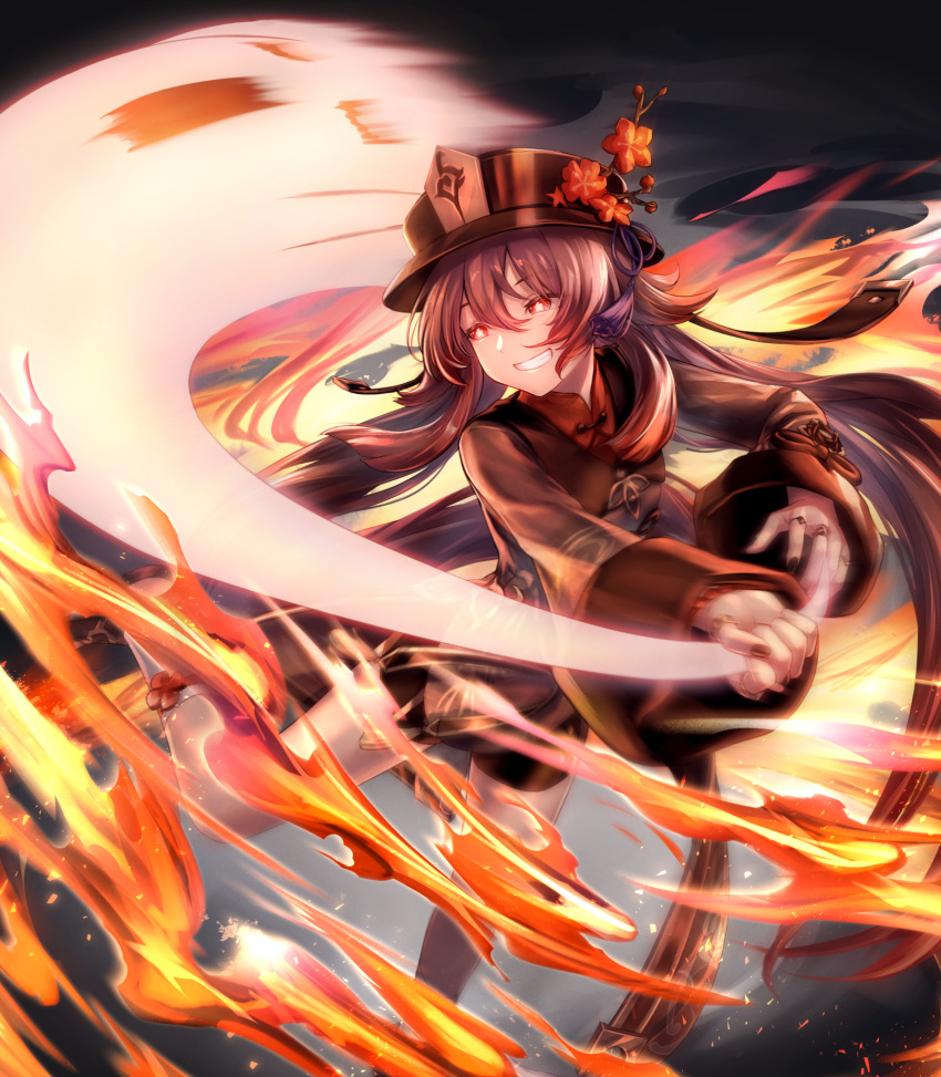 1girl :d black_footwear black_shorts boo_tao_(genshin_impact) brown_hair chinese_clothes commentary_request fire flower flower-shaped_pupils genshin_impact ghost grin hair_between_eyes hat hat_flower highres hitting holding hu_tao_(genshin_impact) kneehighs long_hair long_sleeves porkpie_hat red_eyes shinachiku_(uno0101) short_shorts shorts sidelocks simple_background smile socks spread_legs standing standing_on_one_leg symbol-shaped_pupils twintails white_socks wide_sleeves