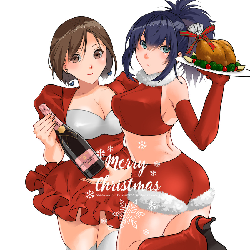 2girls artist_name bare_shoulders blue_eyes blue_hair bottle brown_eyes brown_hair christmas dress earrings elbow_gloves food frilled_dress frills fur_trim gloves highres holding holding_plate jewelry leona_heidern merry_christmas multiple_girls plate ponytail red_footwear sakura_mafumi santa_costume short_hair the_king_of_fighters turkey_(food) whip_(kof) wine_bottle