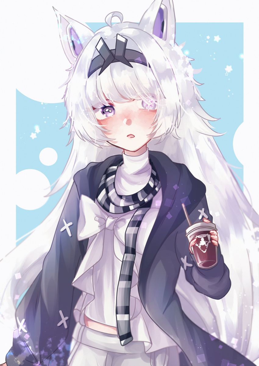 ahoge alternate_costume animal_ears black_coat black_hairband coat cross-shaped_pupils grey_eyes grey_hair grey_scarf hair_intakes hairband high_collar highres long_hair long_sleeves mechanical_ears mismatched_pupils misoso_25 no.21:_feral_scent_(punishing:_gray_raven) no.21_(punishing:_gray_raven) parted_lips punishing:_gray_raven ribbon scarf shirt sidelocks striped striped_scarf symbol-shaped_pupils very_long_hair white_ribbon white_shirt wolf_ears