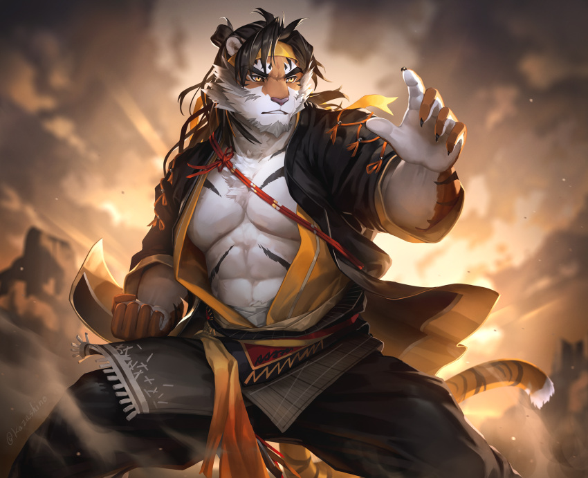 1boy abs animal_ears arknights bara bare_pectorals beard claws clenched_hand commentary_request facial_hair furry furry_male goatee headband highres huai_tianpei_(arknights) kazashino_miyabi male_focus mountainous_horizon pectorals tail tiger_boy tiger_ears tiger_stripes tiger_tail twitter_username yellow_eyes yellow_headband