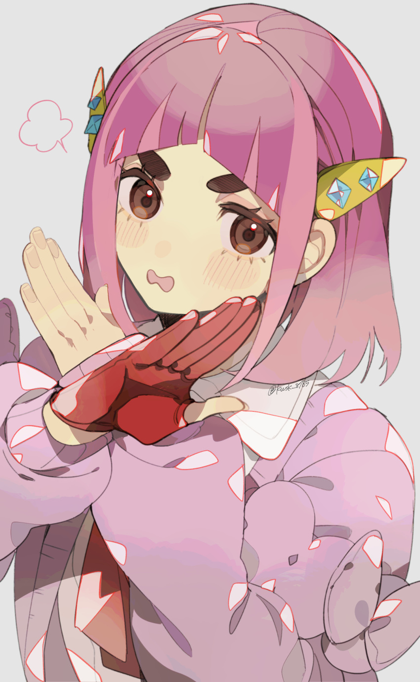 1girl absurdres arched_bangs blush brown_eyes cardigan coat collared_shirt eyelashes gloves hair_ornament hairclip highres kawasaki_(kwsk_8765) lacey_(pokemon) long_sleeves looking_at_viewer open_cardigan open_clothes open_mouth pink_coat pink_hair pokemon pokemon_sv red_gloves shirt single_glove solo thick_eyebrows white_shirt