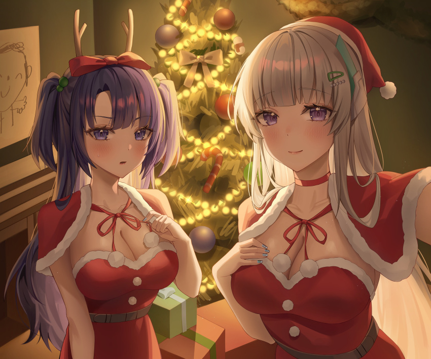 2girls absurdres antlers blue_archive blush christmas christmas_tree closed_mouth grey_hair highres long_hair looking_at_viewer mella_(mell_a12) multiple_girls noa_(blue_archive) parted_lips purple_eyes purple_hair reindeer_antlers santa_costume two_side_up yuuka_(blue_archive)