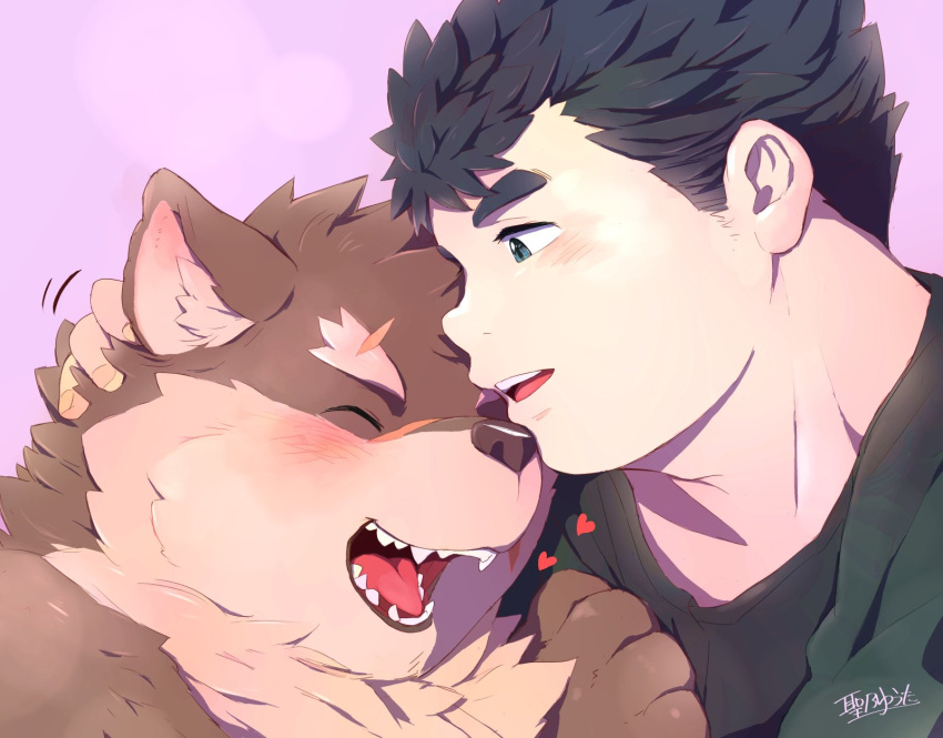 &lt;3 anthro blush canid canine canis chubby_protagonist_(tas) domestic_dog duo embrace eyebrows fur grey_body grey_fur hi_res hijirinoyuta hug human lifewonders male male/male mammal moritaka romantic romantic_couple scar thick_eyebrows tokyo_afterschool_summoners