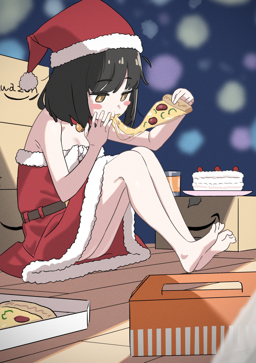 1girl absurdres bare_shoulders barefoot black_hair blush_stickers box breasts brown_eyes cake cardboard_box christmas dress drink eating food full_body fur-trimmed_dress fur-trimmed_headwear fur_trim hat highres holding holding_food holding_pizza original pizza pizza_slice red_dress red_headwear santa_costume santa_dress santa_hat short_hair sitting sketch small_breasts solo strapless strapless_dress what_a what_a-chan
