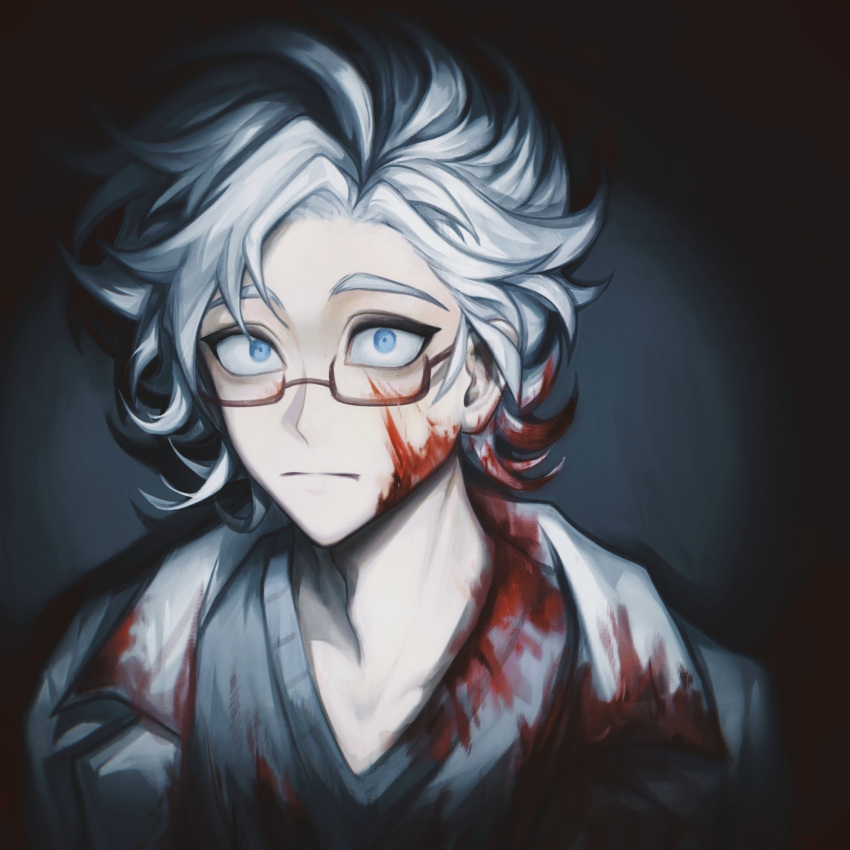 1boy blood blood_in_hair blood_on_clothes blood_on_face closed_mouth glasses grey_sweater highres kanou_aogu lab_coat looking_at_viewer male_focus portrait saibou_shinkyoku semi-rimless_eyewear short_hair solo sweater v-neck white_hair wide-eyed z_(xiannujiaomu172)