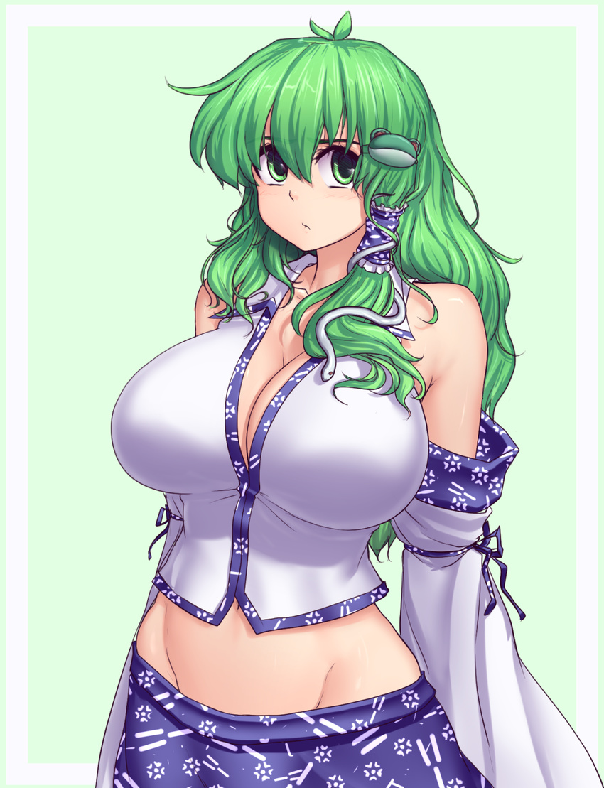 :&lt; antenna_hair bare_shoulders breasts cleavage detached_sleeves frog_hair_ornament green_background green_eyes green_hair groin hair_ornament hair_tubes hater_(hatater) highres huge_breasts japanese_clothes kochiya_sanae long_hair looking_at_viewer lowleg lowleg_skirt midriff navel nontraditional_miko pout simple_background skirt snake_hair_ornament solo touhou upper_body wavy_hair
