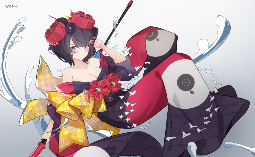 1girl absurdres artist_name black_hair blue_eyes breasts cleavage fate/grand_order fate_(series) flower gradient_background hair_flower hair_ornament hairpin highres japanese_clothes katsushika_hokusai_(fate) kimono purple_kimono shiqi_tokii water