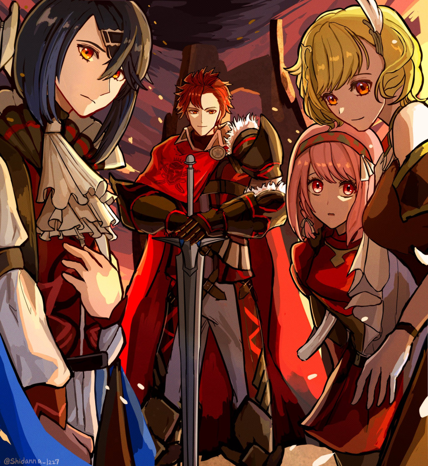 2boys 2girls alcryst_(fire_emblem) armor ascot asymmetrical_armor asymmetrical_hair bare_shoulders blonde_hair blue_hair body_armor braid breastplate breasts brothers brown_dress cape cinders citrinne_(fire_emblem) closed_mouth cousins diamant_(fire_emblem) dress feather_hair_ornament feathers fire_emblem fire_emblem_engage fur_trim gauntlets gloves gold_choker grey_hairband hair_between_eyes hair_ornament hair_ribbon hairband hairclip high_collar highres holding holding_sword holding_weapon knee_guards lapis_(fire_emblem) leather_wrist_straps long_sleeves looking_at_viewer multiple_boys multiple_girls pink_eyes pink_hair red_armor red_cape red_eyes red_hair red_hairband ribbon shidanna1227 short_hair shoulder_armor siblings side_braid smile sword twitter_username two-tone_hairband weapon white_ascot white_ribbon wing_hair_ornament