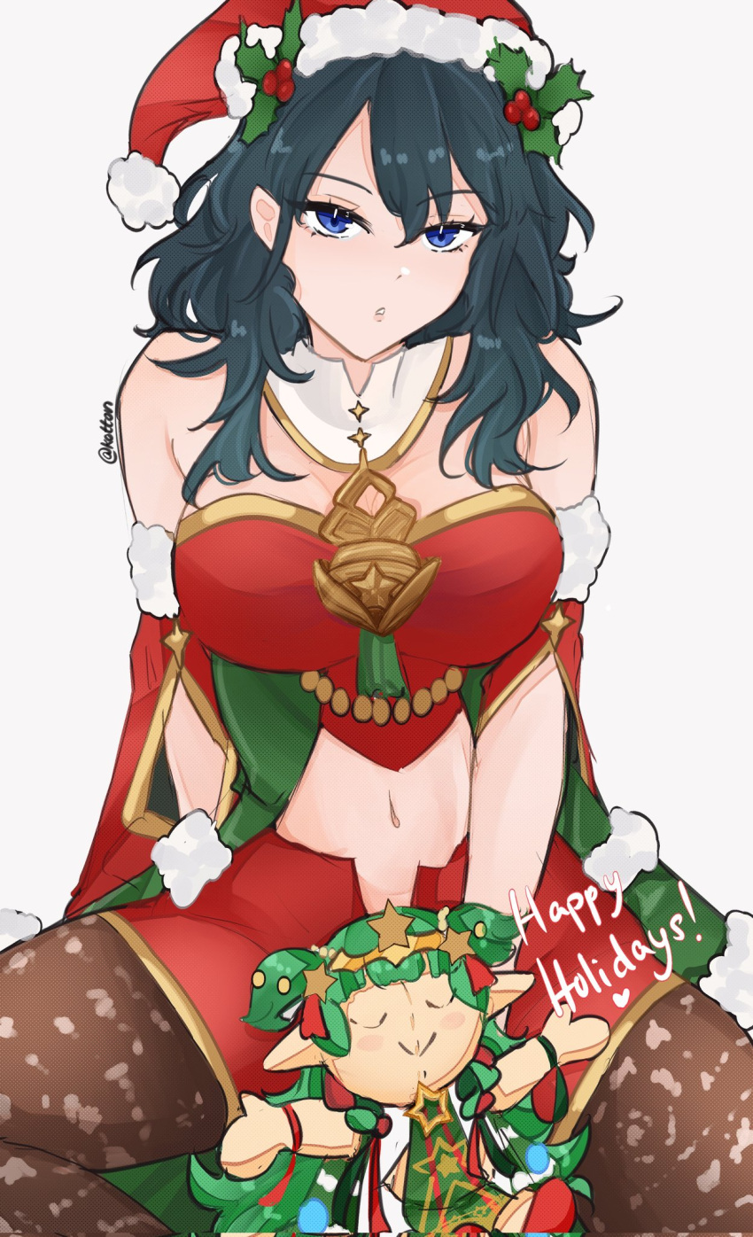 1girl bare_shoulders blue_eyes blue_hair byleth_(female)_(fire_emblem) byleth_(fire_emblem) character_doll commentary_request detached_sleeves fire_emblem fire_emblem:_three_houses fire_emblem_heroes grey_background highres long_hair looking_at_viewer mistletoe_hair_ornament navel pantyhose parted_lips red_shorts serafineart1001 short_shorts shorts simple_background sitting solo sothis_(fire_emblem) stomach stuffed_toy thighs