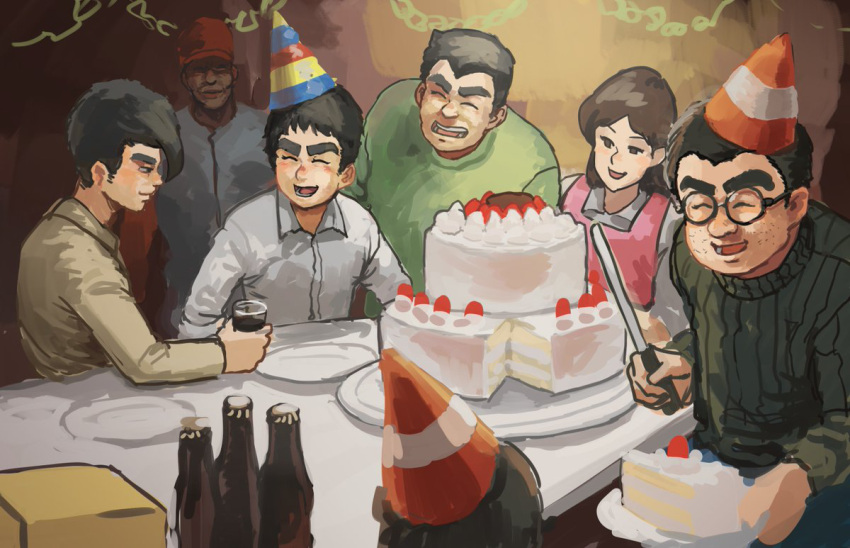 1girl 6+boys black_hair blush cake cake_slice chanta_(ayatakaoisii) character_request christmas closed_eyes collared_shirt decorations facial_hair food glasses hat hoshi_akiko hoshi_hyuuma hoshi_ittetsu kyojin_no_hoshi multiple_boys open_mouth party party_hat plate round_eyewear shirt sketch stubble sweater table thick_eyebrows