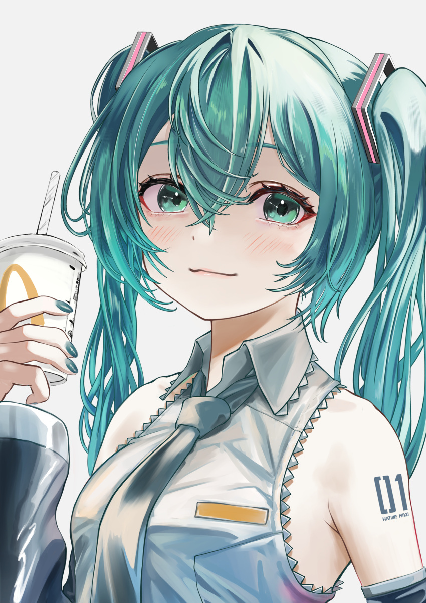 1girl :3 absurdres aqua_hair aqua_nails character_name closed_mouth detached_sleeves drinking_straw green_eyes grey_background grey_necktie grey_sleeves hair_between_eyes hatsune_miku highres holding hxk4_n long_hair long_sleeves looking_at_viewer nail_polish necktie number_tattoo shoulder_tattoo smile solo tattoo twintails upper_body vocaloid