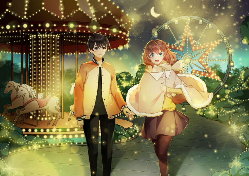 1boy 1girl :d absurdres aldnoah.zero asseylum_vers_allusia black_pants blue_eyes blush brown_eyes brown_hair brown_irt brown_pantyhose carousel cat_lily coat day ferris_wheel highres holding_hands long_sleeves moon outdors pants pantyhose short_hair smile standing sweater yellow_coat yellow_sweater