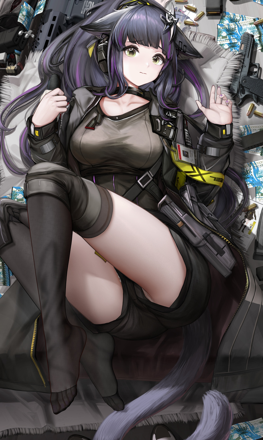 absurdres animal_ears arknights black_hair black_shirt black_shorts bullet cat_ears cat_girl cat_tail ear_protection grey_jacket gun handgun headset highres id_card implied_extra_ears jacket jessica_(arknights) jessica_the_liberated_(arknights) knee_pads knees_up lungmen_dollar lying no_shoes nopetroto on_back panties pantyshot ponytail shirt short_shorts shorts tactical_clothes tail underwear upshorts weapon