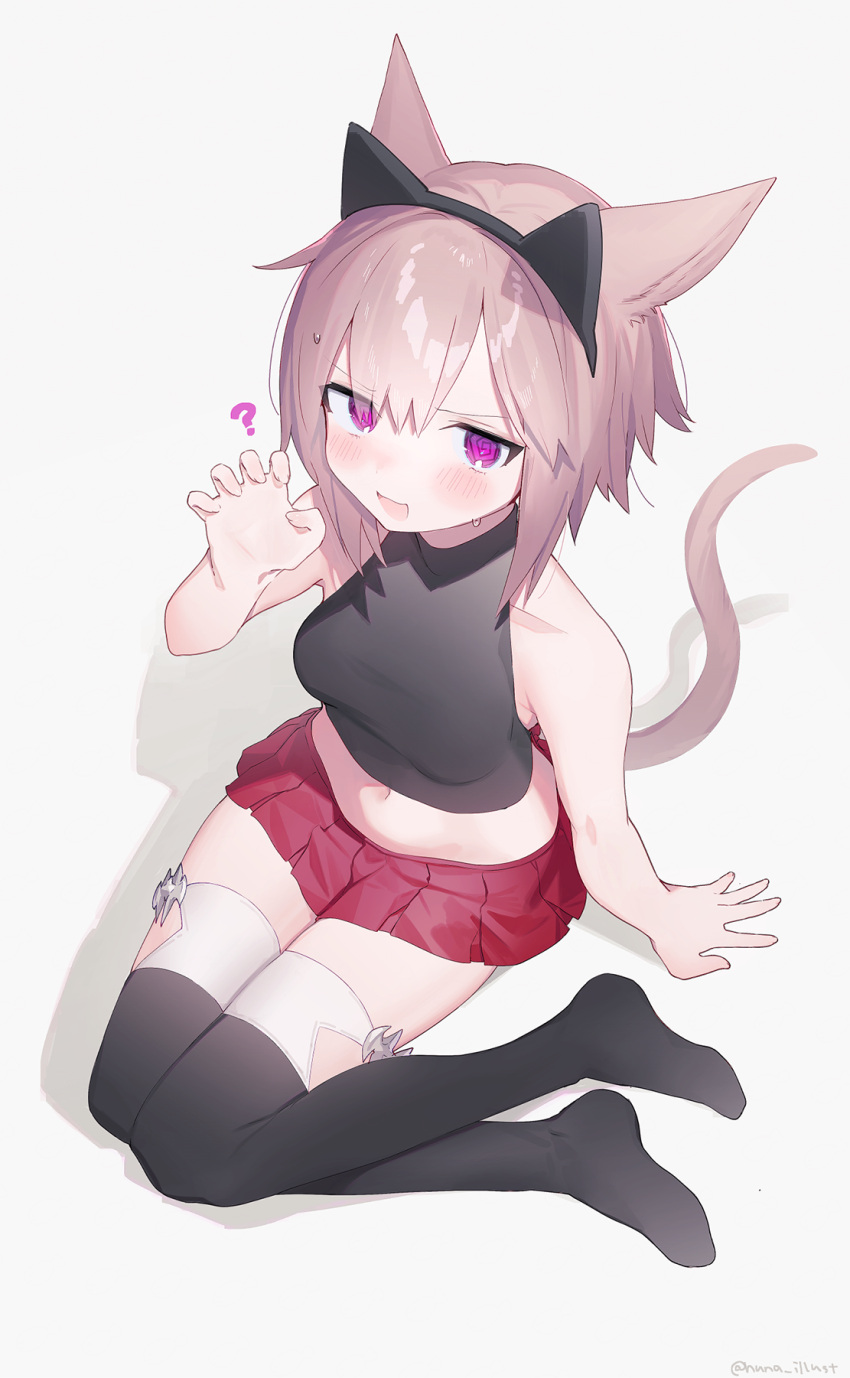 1girl :d ? @_@ animal_ears bare_arms bare_shoulders black_hairband black_shirt black_thighhighs blush breasts cat_ears cat_tail claw_pose collarbone crop_top fake_animal_ears final_fantasy final_fantasy_xiv from_above full_body funa_(sakana) grey_background hair_between_eyes hairband hand_up highres light_brown_hair looking_at_viewer looking_up midriff miniskirt miqo'te navel no_shoes pink_eyes pleated_skirt red_skirt shadow shirt short_hair simple_background sitting skirt sleeveless sleeveless_shirt small_breasts smile solo sweatdrop tail thighhighs v-shaped_eyebrows warrior_of_light_(ff14)