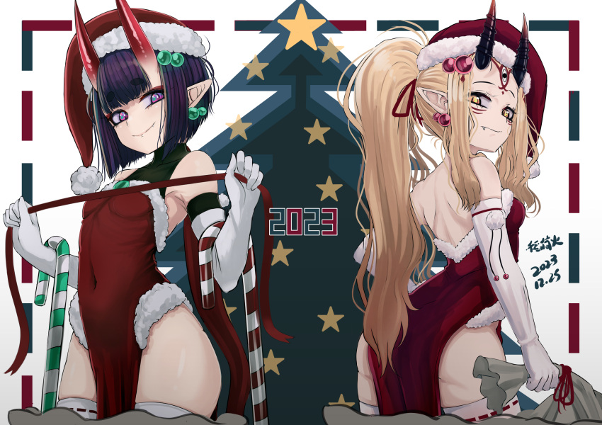 2023 2girls b.d bare_shoulders blonde_hair breasts christmas covered_navel dress earrings elbow_gloves eyeliner facial_mark fate/grand_order fate_(series) forehead forehead_mark fur-trimmed_dress fur-trimmed_headwear fur_trim gloves hair_pulled_back hat highres horns ibaraki_douji_(fate) jewelry long_hair looking_at_viewer looking_back makeup multiple_girls oni oni_horns pelvic_curtain pointy_ears ponytail purple_eyes purple_hair red_dress red_headwear sack santa_costume santa_hat short_hair shuten_douji_(fate) skin-covered_horns small_breasts smile tattoo thighhighs white_gloves white_thighhighs yellow_eyes