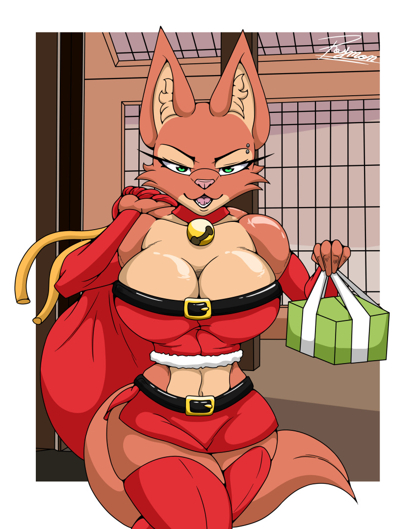 2023 absurd_res anthro bag bell belt big_breasts bottomwear breasts canid canine christmas christmas_clothing cleavage clothed clothing diane_foxington dreamworks eyebrow_piercing eyebrows eyelashes facial_piercing female fingers footwear fox fur gift gift_box gift_wrapped glistening glistening_breasts green_eyes hi_res holding_object holidays lingerie looking_at_viewer mammal markings narrowed_eyes open_mouth orange_body orange_fur piercing pink_nose red_clothing reymonrr signature skirt smile socks solo tail teeth the_bad_guys
