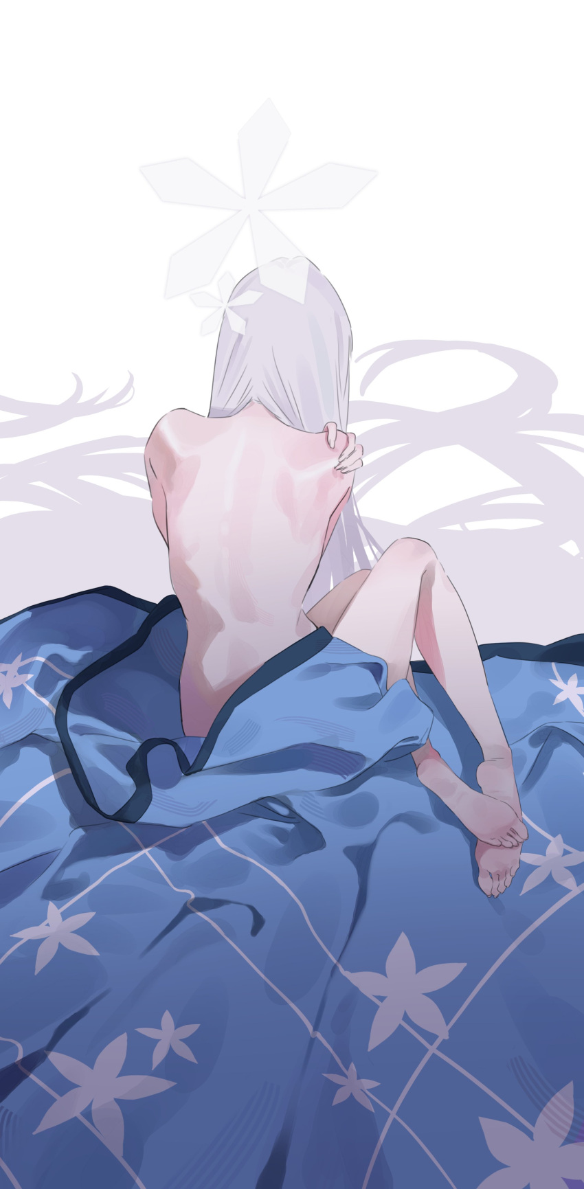 1girl absurdres back barefoot blue_archive blue_kimono clothes_down commentary_request facing_away feet from_behind grey_hair halo hand_on_own_shoulder highres japanese_clothes kimono long_hair mitsutsuka nagusa_(blue_archive) nude sitting sketch soles solo toes very_long_hair