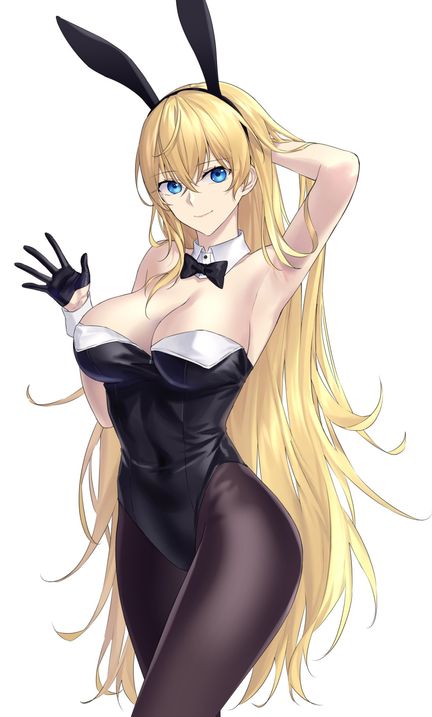 1girl absurdres animal_ears arm_behind_head arm_up azur_lane black_bow black_bowtie black_gloves black_leotard black_pantyhose blonde_hair blue_eyes bow bowtie breasts commentary covered_navel cowboy_shot detached_collar fake_animal_ears gloves highres large_breasts leotard long_hair looking_at_viewer north_carolina_(azur_lane) pantyhose playboy_bunny rabbit_ears simple_background smile solo strapless strapless_leotard suprii very_long_hair white_background