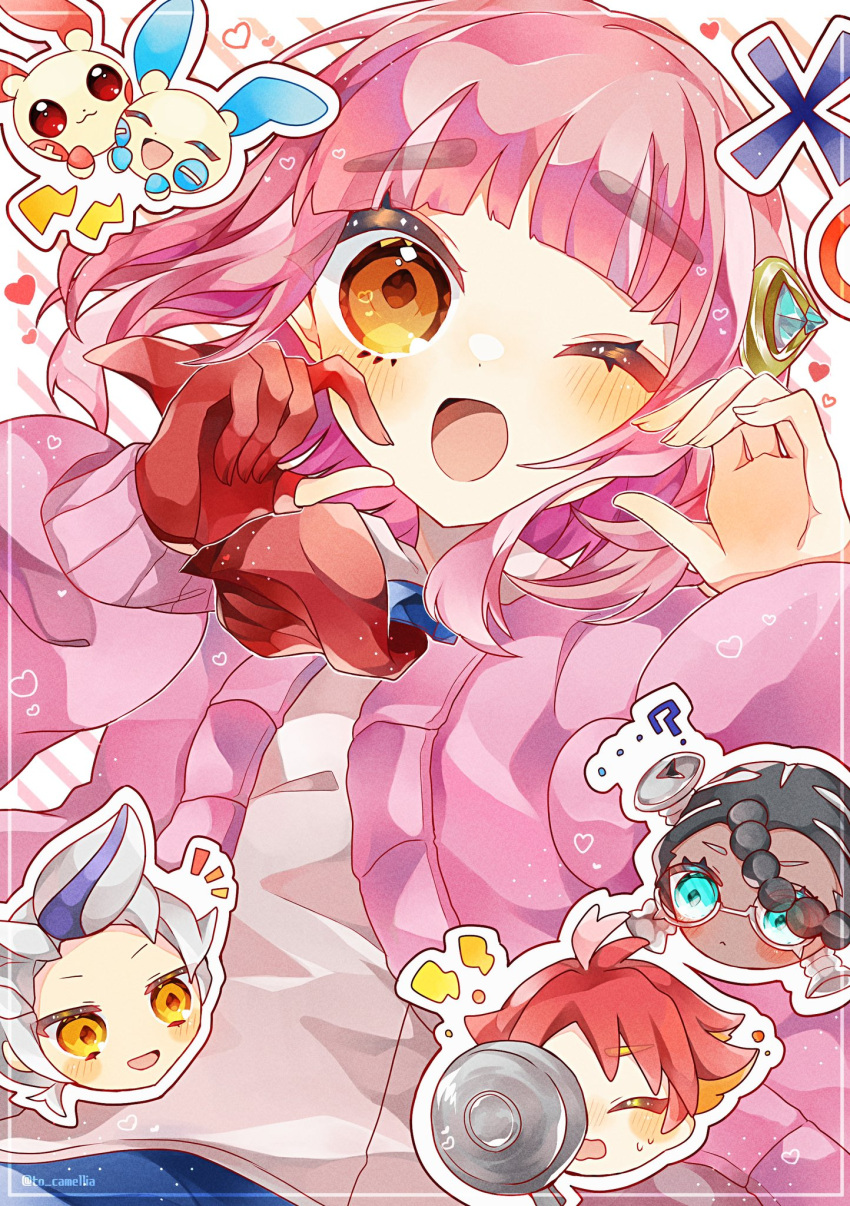 1girl amarys_(pokemon) arched_bangs blue_pants blush cardigan coat collared_shirt crispin_(pokemon) drayton_(pokemon) eyelashes gloves hair_ornament highres lacey_(pokemon) long_sleeves looking_at_viewer minun open_clothes open_mouth pants pink_hair plusle pokemon pokemon_sv red_gloves shirt single_glove smile to_camellia yellow_eyes