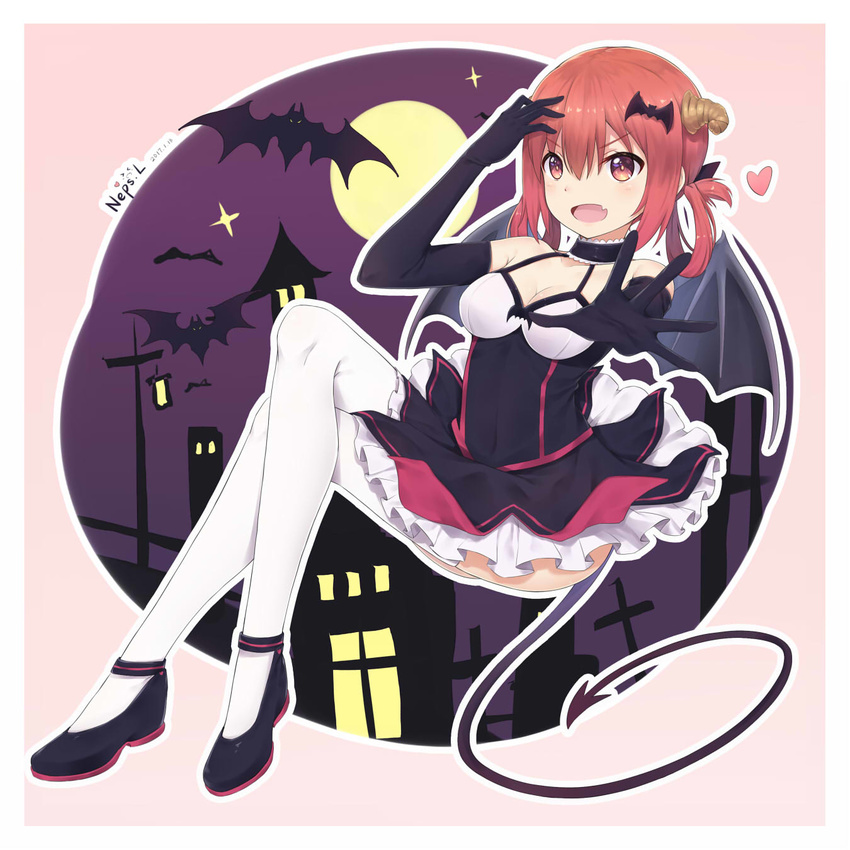 2017 alternate_costume artist_name bare_shoulders bat bat_hair_ornament black_footwear black_gloves brown_footwear castle chinese_commentary choker commentary_request crossed_legs dated demon_girl demon_horns demon_tail dress elbow_gloves fang frills full_body full_moon gabriel_dropout gloves hair_ornament hair_rings hallelujah_essaim halloween highres horns invisible_chair kurumizawa_satanichia_mcdowell looking_at_viewer moon neps-l open_mouth outstretched_arm partial_commentary petticoat red_eyes red_hair shoes sitting solo tail thighhighs white_legwear