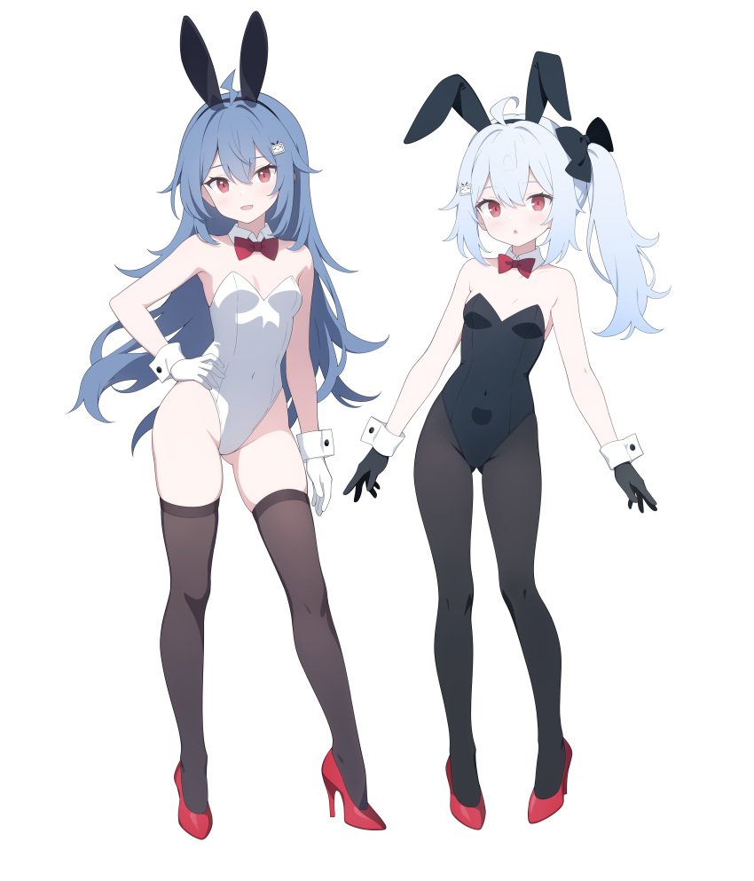 2girls :d :o absurdres animal_ears bili_girl_22 bili_girl_33 bilibili black_bow black_gloves black_hairband black_leotard black_pantyhose blue_hair bow bowtie breasts brown_thighhighs collar commentary_request covered_navel detached_collar fake_animal_ears full_body gloves grey_hair hair_between_eyes hair_bow hair_ornament hairband hand_on_own_hip high_heels highres jyt leotard long_hair multiple_girls pantyhose parted_lips playboy_bunny rabbit_ears red_bow red_bowtie red_eyes red_footwear shoes side_ponytail simple_background small_breasts smile standing strapless strapless_leotard thighhighs very_long_hair white_background white_collar white_gloves white_leotard wing_collar