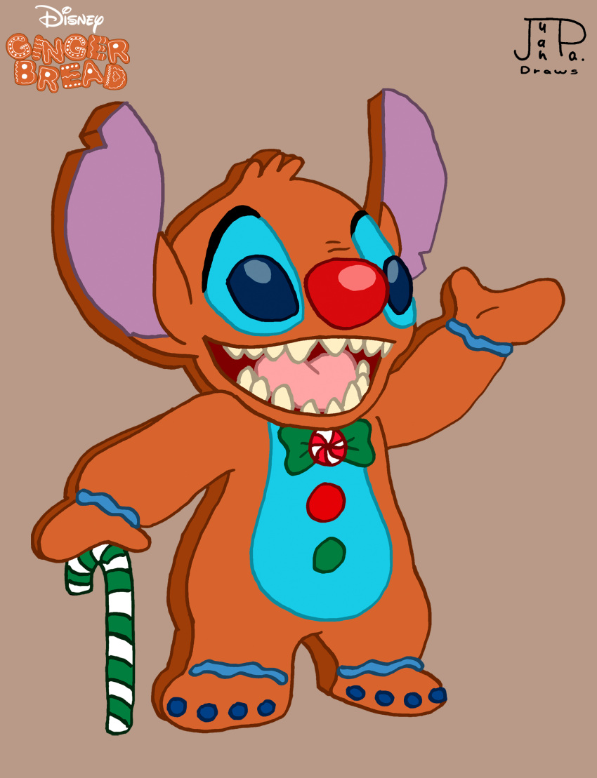 2023 after_transformation anthro blue_eyes bow_tie brown_background candy candy_cane christmas cookie dessert disney facing_aside food food_transformation gingerbread_cookie hi_res holidays juanpadraws lilo_and_stitch logo looking_away male male_focus no_pupils open_mouth peppermint_(candy) sharp_teeth signature simple_background solo stitch_(lilo_and_stitch) teeth transformation