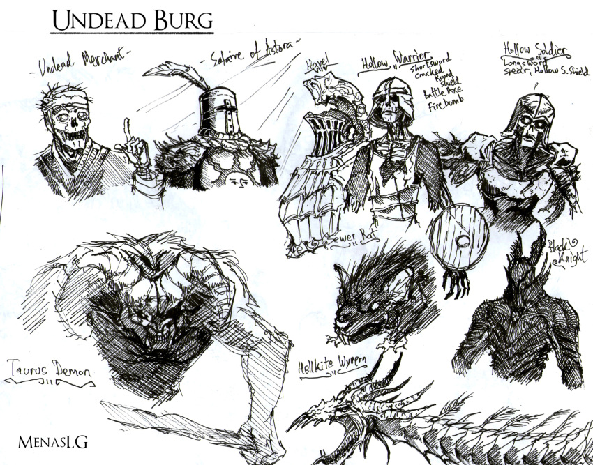 3boys armor bandaged_head bandages black_knight_(dark_souls) dark_souls_(series) dark_souls_i dragon greyscale havel_the_rock hellkite_dragon helmet highres holding holding_shield index_finger_raised knight menaslg monochrome mouse multiple_boys shield sketch solaire_of_astora taurus_demon undead_merchant_(male) wyvern