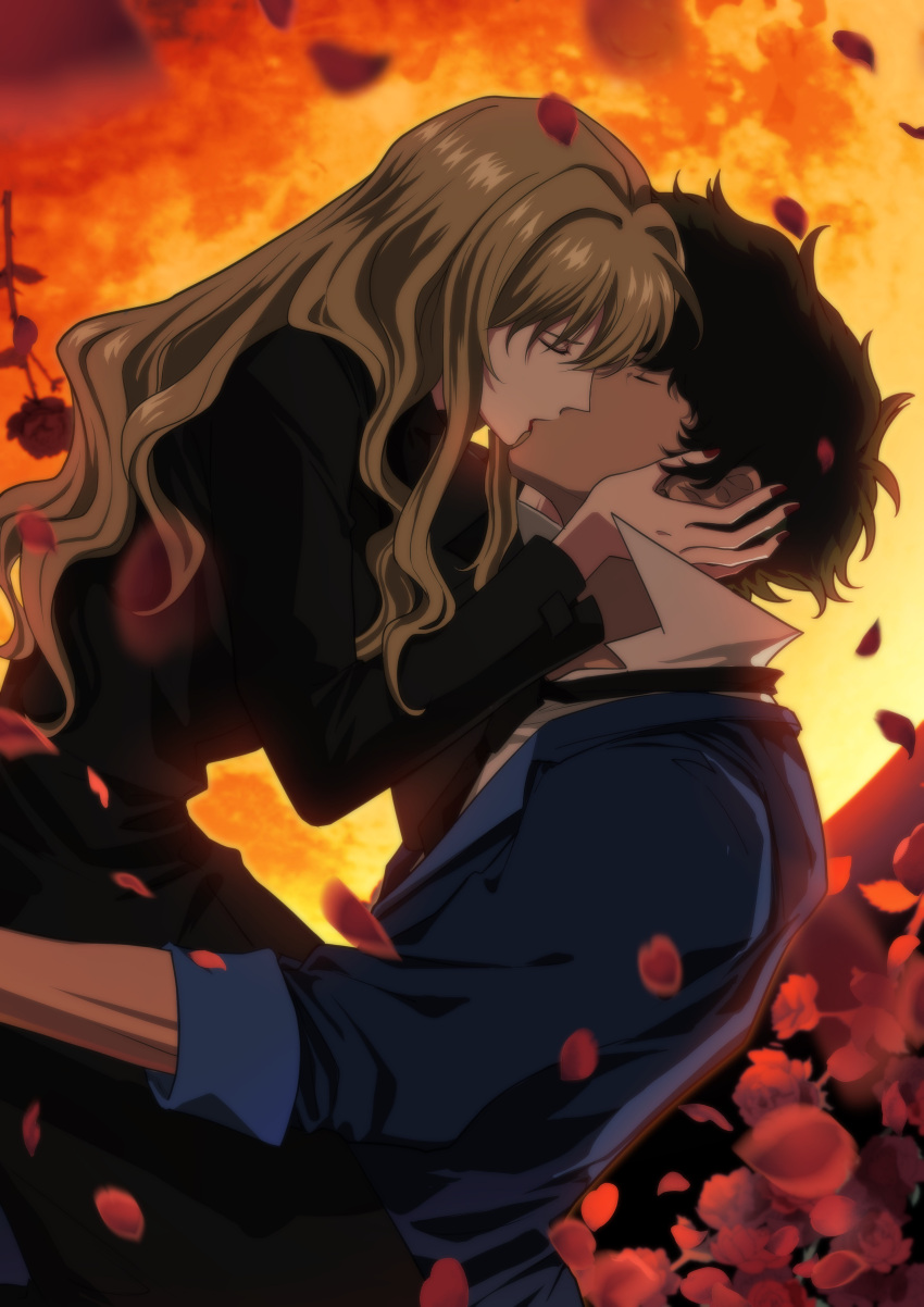 absurdres blonde_hair closed_eyes coat couple cowboy_bebop flower green_hair highres imminent_kiss julia julia_(cowboy_bebop) kiss necktie red_flower red_rose rose spike_spiegel suit trench_coat