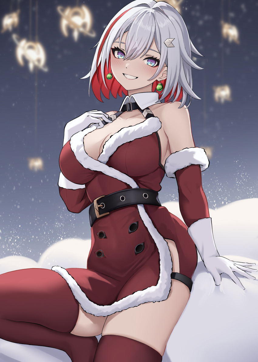 1girl absurdres alternate_costume belt black_belt blue_eyes colored_inner_hair commentary dress earrings elbow_gloves gloves grey_hair grin highres honkai:_star_rail honkai_(series) jewelry looking_at_viewer multicolored_hair red_dress red_hair red_thighhighs santa_costume santa_dress short_dress short_hair sleeveless sleeveless_dress smile solo thighhighs thighs topaz_(honkai:_star_rail) white_gloves yan_kodiac