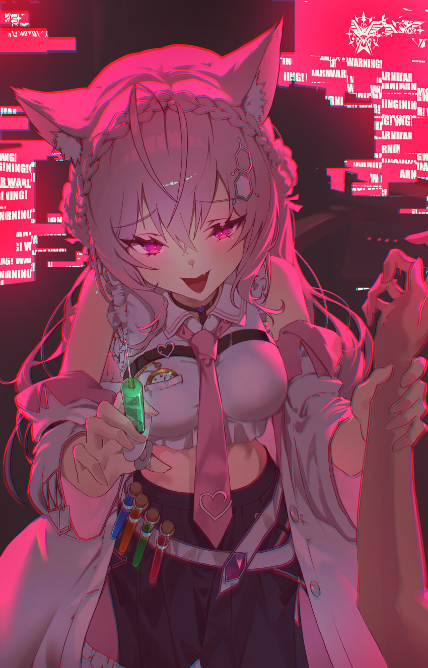 1girl absurdres animal_ear_fluff animal_ears antenna_hair breasts english_text glitch glowing glowing_eyes hair_ornament hairclip hakui_koyori hakui_koyori_(1st_costume) highres holding holding_another's_wrist holding_syringe hololive long_hair looking_at_viewer medium_breasts mont_blanca necktie open_mouth pink_eyes pink_hair smile solo syringe tail virtual_youtuber wolf_ears wolf_girl wolf_tail