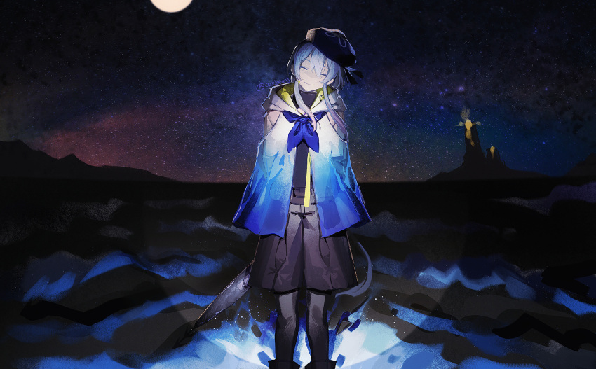 1boy arknights black_pantyhose black_shirt black_shorts blue_neckerchief capelet closed_eyes closed_mouth facing_viewer highres lighthouse mizuki_(arknights) mncpa neckerchief night night_sky ocean outdoors pantyhose shirt shorts sky smile solo white_capelet
