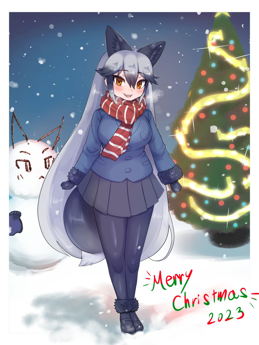 1girl animal_ears aramaru black_fur black_gloves black_pantyhose black_skirt blue_jacket blush breath christmas christmas_tree extra_ears fox_ears fox_girl fox_tail fur_trim gloves grey_hair hair_between_eyes highres jacket kemono_friends long_hair long_sleeves looking_at_viewer multicolored_hair orange_eyes pantyhose pleated_skirt red_scarf scarf sidelocks silver_fox_(kemono_friends) skirt snow snowman solo tail