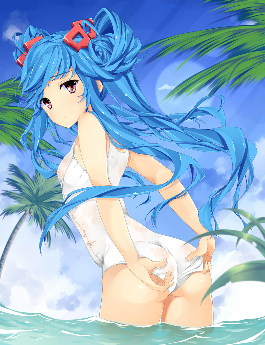 adjusting_clothes adjusting_swimsuit ass beatmania beatmania_iidx bemani blue_hair breasts cloud covered_nipples day hair_ornament hair_rings highres jubeat long_hair looking_at_viewer looking_back maud nipples one-piece_swimsuit palm_tree red_eyes see-through sky small_breasts solo swimsuit tree tries twintails very_long_hair wading water white_swimsuit