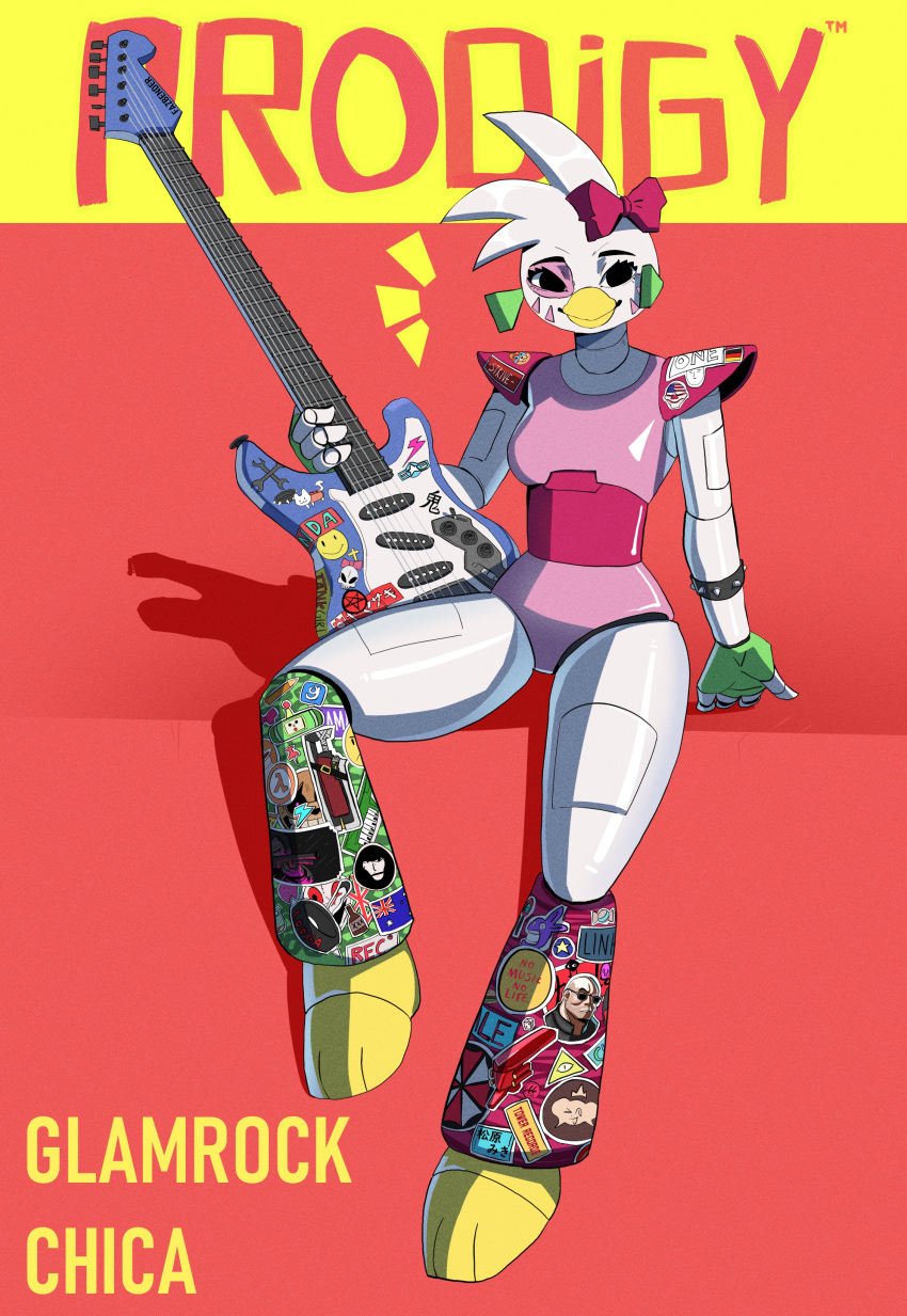 2023 absurd_res accessory animatronic anthro avian beak biped bird bow_ribbon chicken cover digital_media_(artwork) electric_guitar english_text female five_nights_at_freddy's five_nights_at_freddy's:_security_breach galliform gallus_(genus) glamrock_chica_(fnaf) guitar hair_accessory hair_bow hair_ribbon hi_res machine magazine_cover miscuitsxd musical_instrument phasianid plucked_string_instrument ribbons robot scottgames sitting solo steel_wool_studios sticker string_instrument text white_body