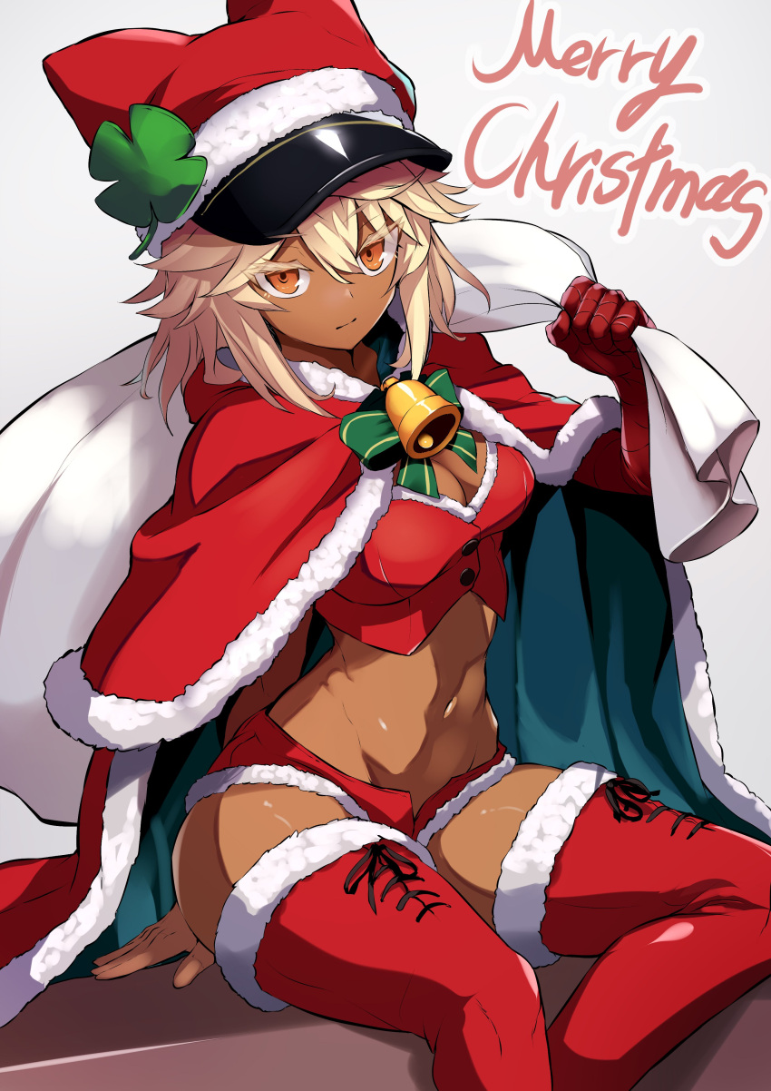 1girl absurdres adapted_costume bandaged_arm bandages blonde_hair breasts capelet clover dark-skinned_female dark_skin four-leaf_clover fur_trim guilty_gear guilty_gear_strive hair_between_eyes highres holding holding_sack large_breasts long_hair looking_at_viewer merry_christmas navel orange_eyes ramlethal_valentine red_bandage red_capelet red_headwear red_shorts sack santa_costume short_shorts shorts simple_background sowel_(sk3)