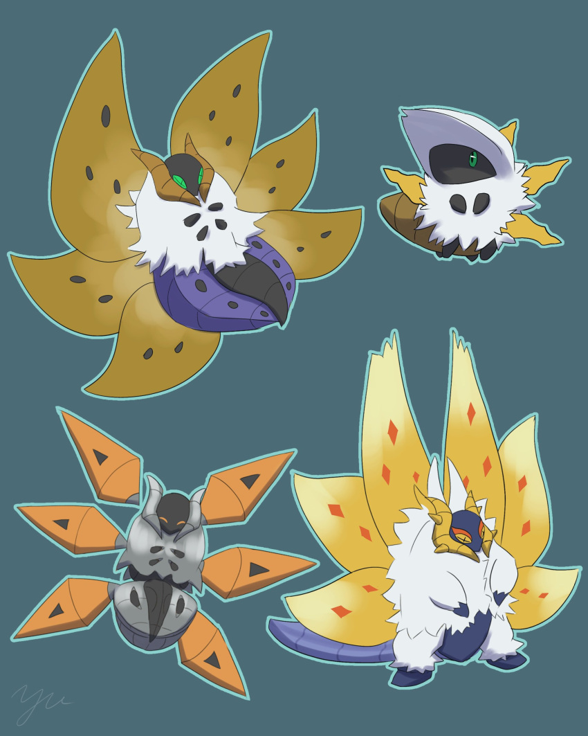 ^_^ absurdres alternate_color animal_focus bug closed_eyes commentary_request cross-shaped_pupils detached_wings evolutionary_line green_background green_eyes highres iron_moth larvesta moth multiple_wings no_humans pokemon pokemon_(creature) shiny_pokemon simple_background slither_wing symbol-shaped_pupils tail volcarona white_fur wings yu_(pocketsun636)